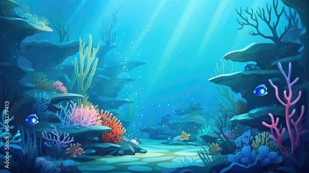 Cartoon underwater landscape for game level map with sea coral house ...