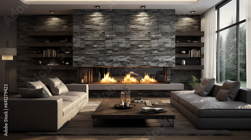 modern living room with fireplace modern, classic and stone style. beautiful lit fireplaces  © sachal
