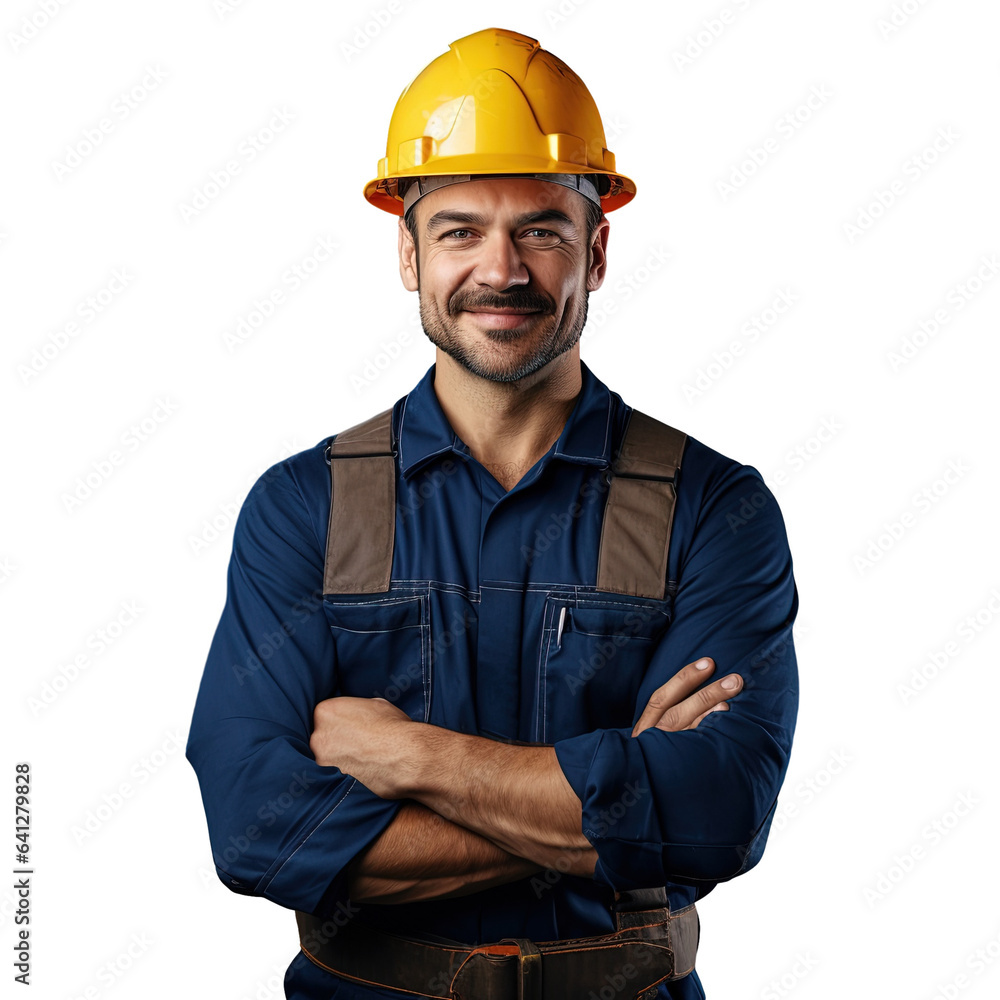Happy young foreman in blue uniform and yellow helmet poses with crossed hands in front of transparent background smiling at the camera