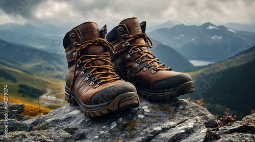 Comfortable hiking boots stand on a rock against backdrop of rainy day in mountain