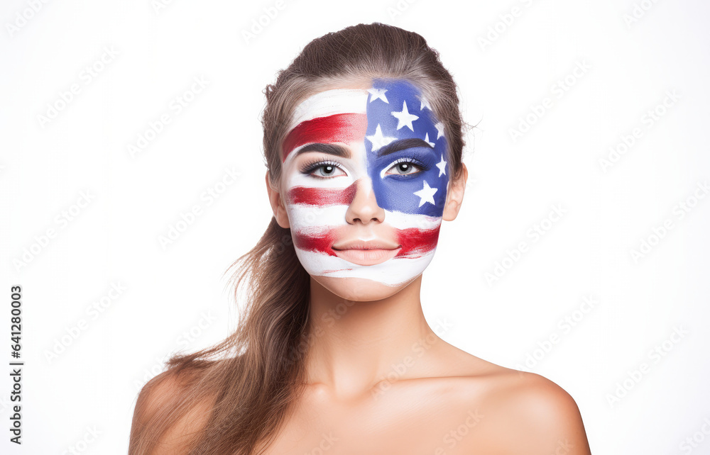Portrait of a woman with the flag of the USA painted on her face. Sports fan girl. Patriotic portrait with white background. Portrait of a woman with the flag of the USA painted on her face. Sports fan girl. Patriotic portrait with white background.