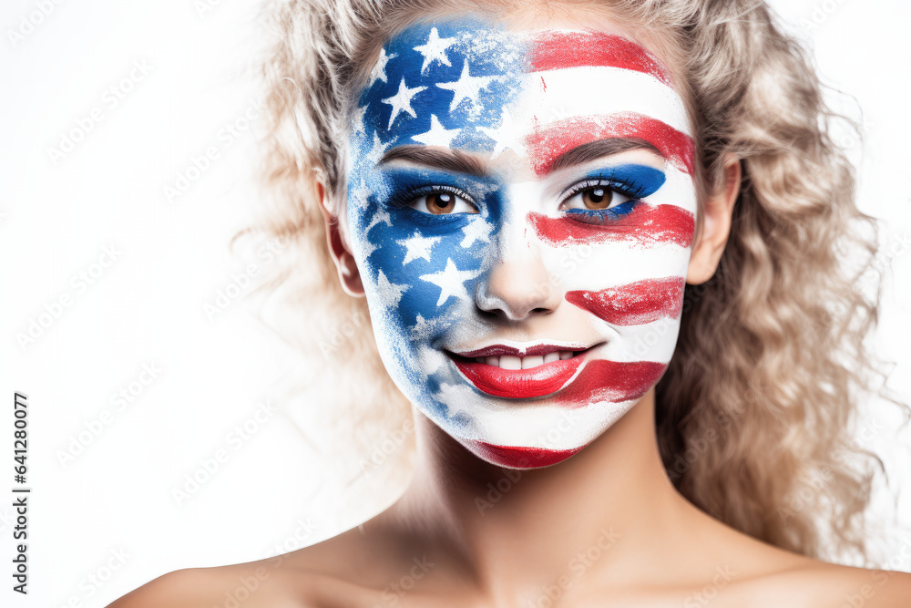 Portrait of a woman with the flag of the USA painted on her face. Sports fan girl. Patriotic portrait with white background. Portrait of a woman with the flag of the USA painted on her face. Sports fan girl. Patriotic portrait with white background.