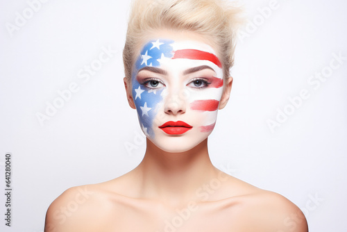 Portrait of a woman with the flag of the USA painted on her face. Sports fan girl. Patriotic portrait with white background. 