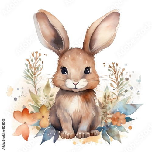 Cute Watercolor Floral Brown Bunny Generative Ai