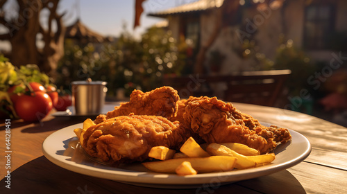 Crispy fried chicken and fries on a plate in a openair garden terrace