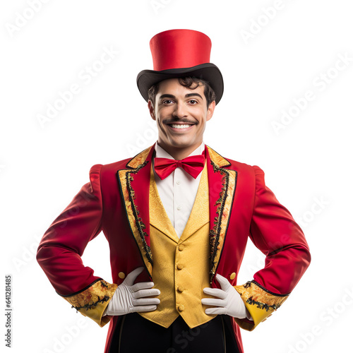 Halloween costumes -  Front view mid shot of Latin man dressed as circus isolated on white transparent background photo