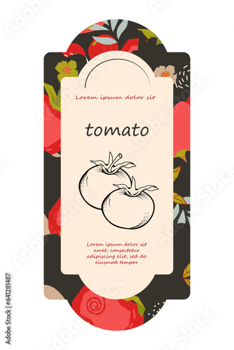 Tomato food label or banner, card design for canned food, sauces and soups, flat vector illustration with woman and abstract frame. Templates for tomato vegetables packages, labels or stickers.