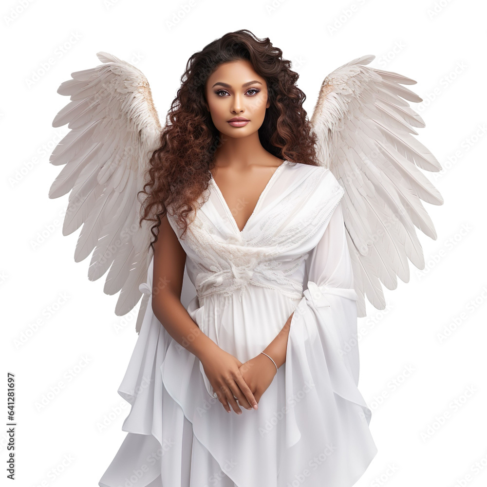 Halloween costumes - Front view mid shot of Latin woman dressed as angel isolated on white transparent background Halloween costumes - Front view mid shot of Latin woman dressed as angel isolated on white transparent background