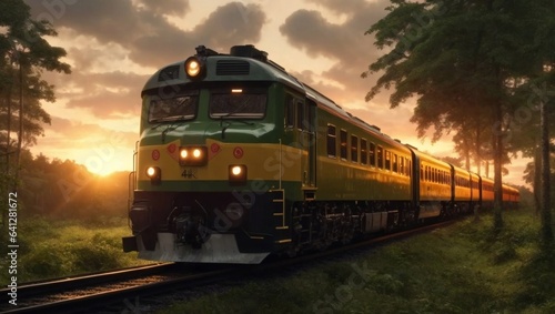 train in the forest during sunset
