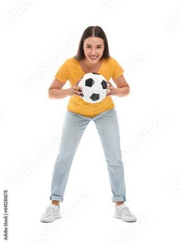 Happy fan with soccer ball isolated on white