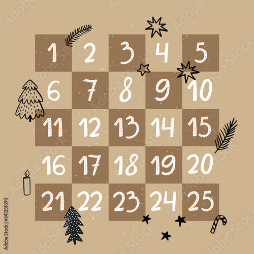 Advent calendar on brown kraft paper. Countdown to Christmas with doodle holidays illustrations, vector template for festive poster and gifts design