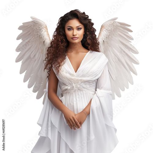 Halloween costumes -  Front view mid shot of Latin woman dressed as angel isolated on white transparent background photo