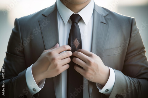 A businessman in a suit puts to tie a neck tie for work. Business concept suitable for work or company.