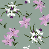 Beautiful lilies and orchids on a gray background. Seamless vector illustration.