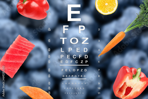 Improving eyesight. Vision test chart and different food products