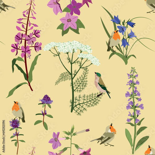 Seamless vector beautiful illustration with wildflowers and birds on a beige background.