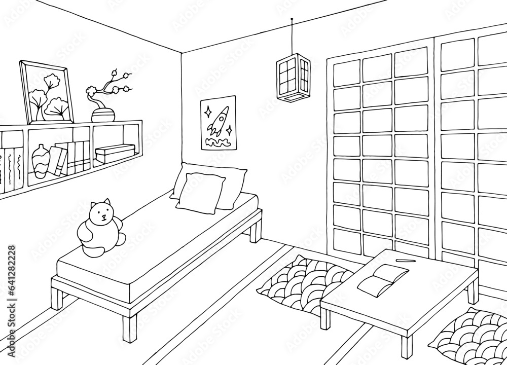 Children room asia style graphic black white home interior sketch illustration vector