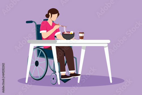 Character flat drawing young female patient in wheelchair eating ramen or noodle food and sitting at table. Having lunch, snack in cafe. Society and disabled people. Cartoon design vector illustration