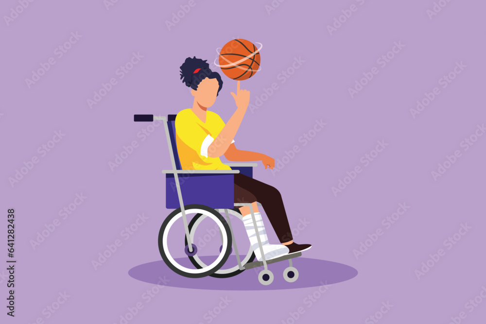 Graphic flat design drawing cute beautiful girl in wheelchair plays basketball. Disabled person spins basketball on her finger. Exercise for people with disabilities. Cartoon style vector illustration Graphic flat design drawing cute beautiful girl in wheelchair plays basketball. Disabled person spins basketball on her finger. Exercise for people with disabilities. Cartoon style vector illustration