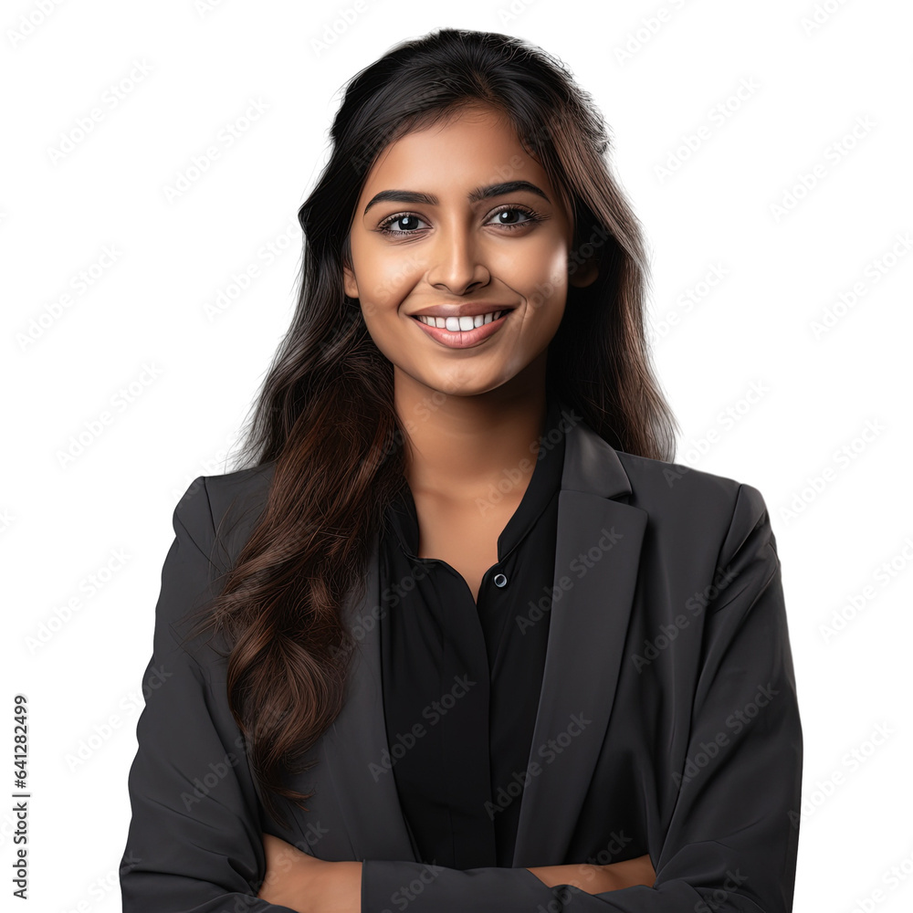 Confident young Indian woman with folded arms posing on transparent background gaze directed at camera Confident young Indian woman with folded arms posing on transparent background gaze directed at camera