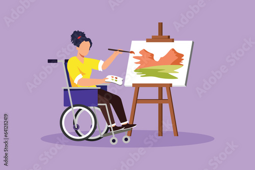 Graphic flat design drawing of disabled woman in wheelchair painting landscape on canvas. Rehabilitation physiotherapy. Physical disability, society responsibility. Cartoon style vector illustration