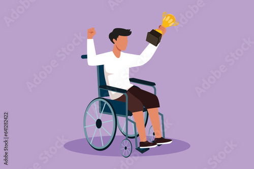 Graphic flat design drawing happy sporty man in wheelchair hold golden cup trophy winner podium. Disabled person. Tournament game competition sport training champion. Cartoon style vector illustration