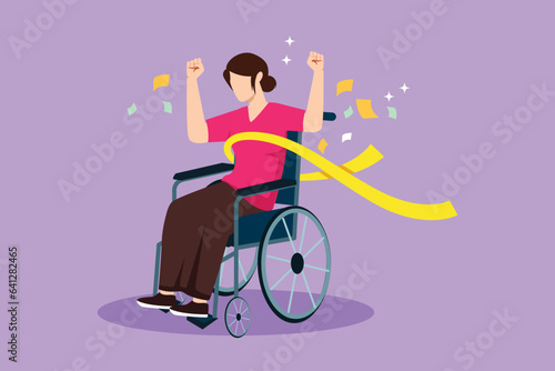 Graphic flat design drawing female in wheelchair crossing finish line ribbon win competition. Happy winner, successful champion. Society, disabled people community. Cartoon style vector illustration