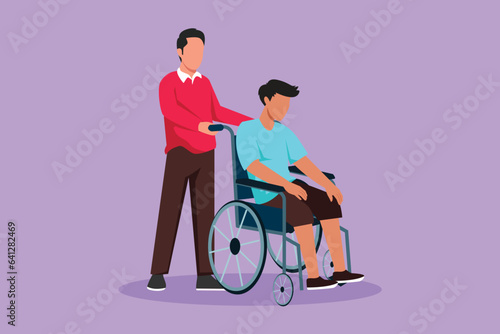 Cartoon flat style drawing of disabled man with broken leg riding wheelchair with nurse assistance. Male patient in traumatology hospital. Disability responsibility. Graphic design vector illustration