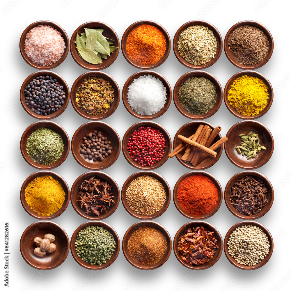 various spices in wooden bowls, isolated various spices in wooden bowls, isolated