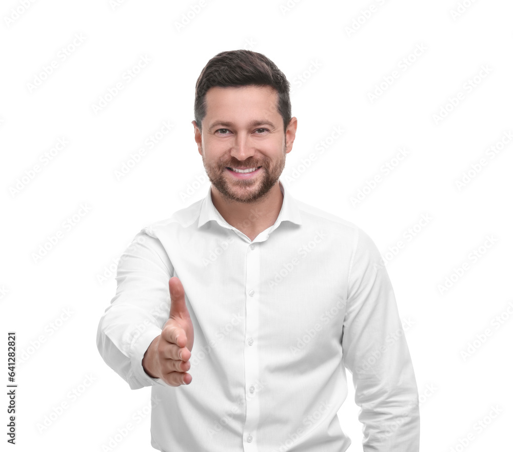 Happy man welcoming and offering handshake on white background Happy man welcoming and offering handshake on white background