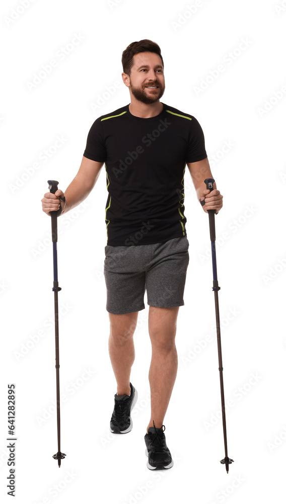 Man practicing Nordic walking with poles isolated on white