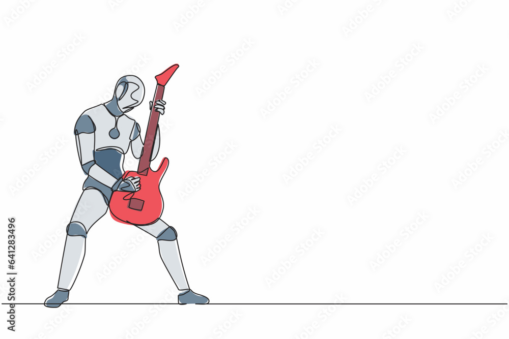 Fototapeta premium Continuous one line drawing robot guitarist perform playing electric guitar on stage. Humanoid robot cybernetic organism. Future robot development. Single line draw design vector graphic illustration