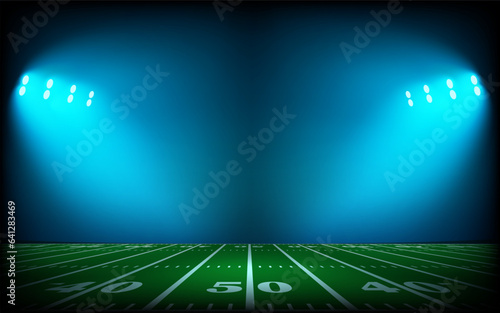 Illuminated american football stadium with projectors. 3d vector illustration
