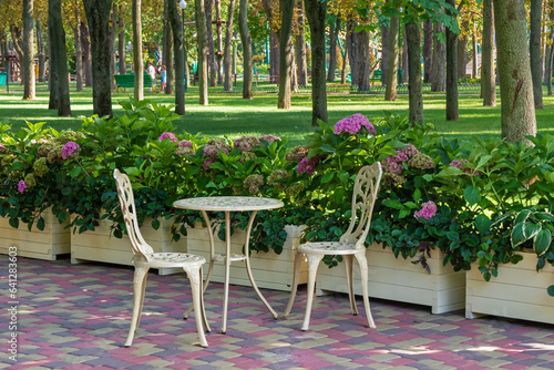 Fototapeta Naklejka Na Ścianę i Meble -  Table and chairs on the summer terrace of the cafe near the flower beds in the city park