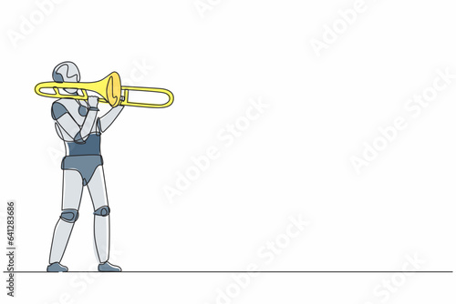 Continuous one line drawing robot play trombone wind instrument at classic music event. Humanoid robot cybernetic organism. Future robotic development. Single line design vector graphic illustration