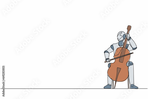 Single one line drawing robot playing stringed contrabass or cello. Future technology development. Artificial intelligence and machine learning. Continuous line draw design graphic vector illustration