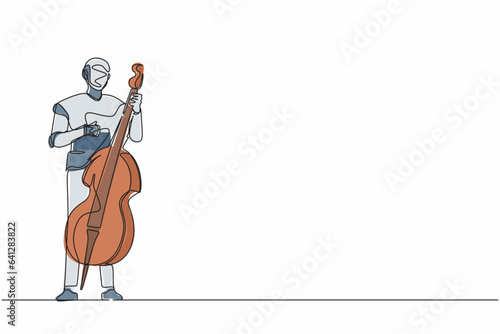 Continuous one line drawing robot musician playing double bass or contrabassist with finger. Humanoid robot cybernetic organism. Future robotic development. Single line draw design vector illustration