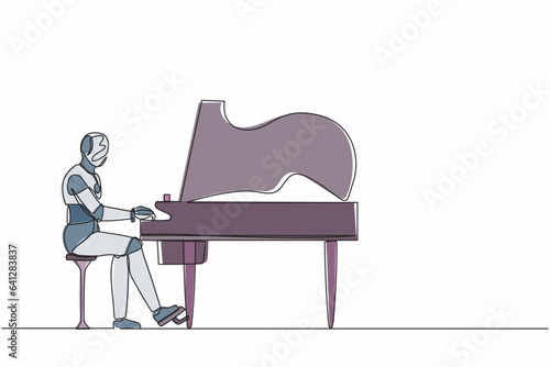 Single continuous line drawing robot sitting and playing grand piano on stage. Modern robotic artificial intelligence. Electronic technology industry. One line draw graphic design vector illustration