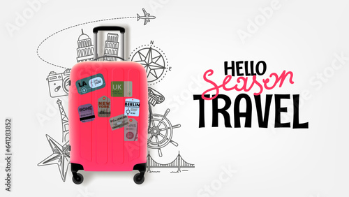 Hello season travel concept with suitcase and doodle elements. Vector banner with lettering text