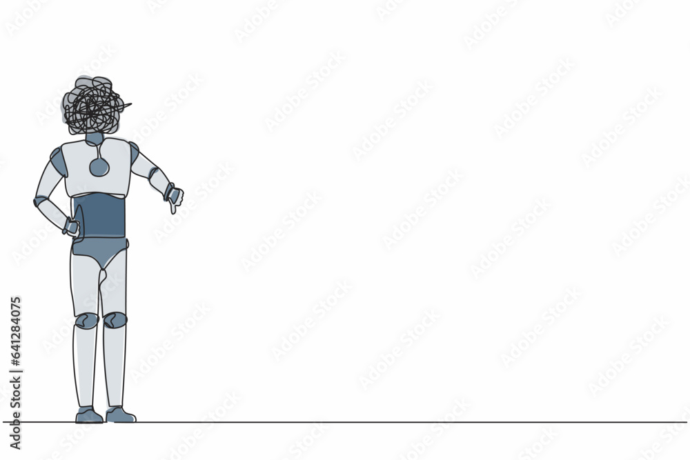 Single continuous line drawing robot with round scribbles instead of head, showing thumbs down sign, dislike, negative expressions. Future technology. One line draw graphic design vector illustration