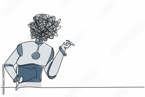 Continuous one line drawing robot with round scribbles instead of head. Angry robot arguing, conflicting. Quarrel fight aggressive. Humanoid cybernetic. Single line design vector graphic illustration