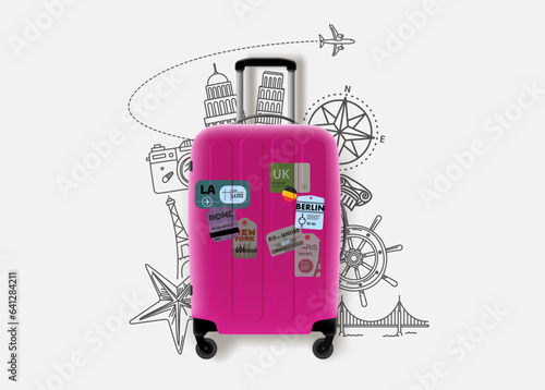 World travel concept with suitcase and doodle elements. Vector 3d illustration 
