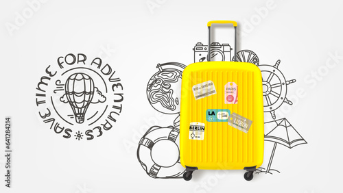 Save time for adventures concept with suitcase and doodle elements. Vector banner with lettering text