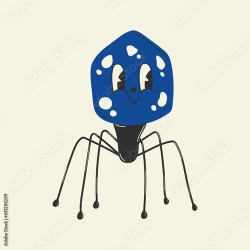 Cute Cartoon virus bacteriophage character.  Old animation 60s 70s, funny cartoon characters. Trendy illustration in retro style.
