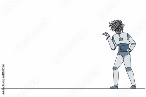 Single one line drawing robot with round scribbles instead of head, conflicting, fight aggressive. Blaming, criticizing. Humanoid robot cybernetic organism. Continuous line design vector illustration