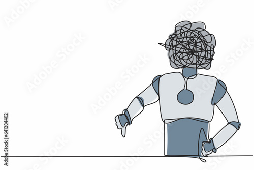 Single continuous line drawing robot with round scribbles instead of head, showing thumbs down sign, dislike, disapproval. Robotic artificial intelligence. One line graphic design vector illustration