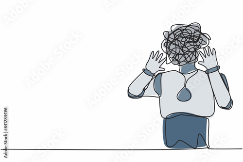 Single continuous line drawing robot with round scribble instead of head, shocked, afraid, scared, terrified, fear expression. Robotic artificial intelligence. One line draw design vector illustration