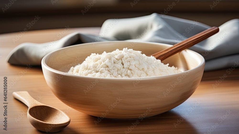 Image of a wooden spoon lying on a pile of boiled oatmeal in a white bowl.