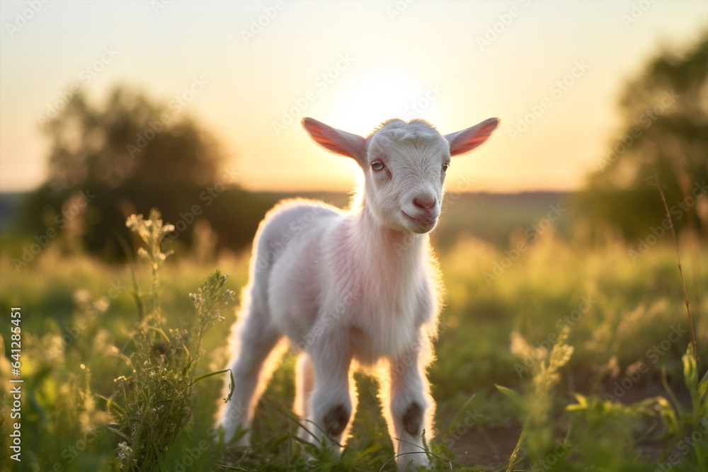 Fototapeta premium Baby farming rural sun domestic green sunset cute animals goat landscape grass