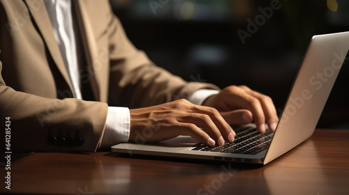 Businessman hand working finance report on digital laptop computer on desk in office, business technology, investment, digital online marketing and financial business concept, Generative AI
